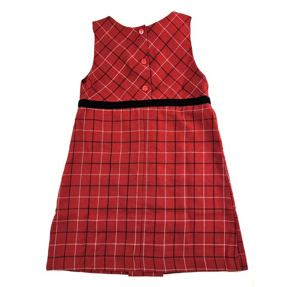 OshKosh Dress Girls 5 Red Plaid Sleeveless Velvet Floral Trim Holiday Party - Picture 9 of 11